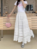 Pbong   White Skirts for Women High Waist A-line Chic Jupe Korean Summer Saia Lace Embroidery Sweet Long Skirt