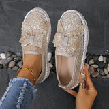 Pbong  Women's Gold Silver Bowtie Sequin Flats Shiny Crystal Thick Sole Platform Loafers Ladies Light Comfort Non Slip Casual Shoes