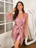 Hot-selling solid-color polyester nightgown lace see-through robe for women 2pcs set