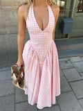 Women Sweet Pink Plaid Print Pleated A-line Dress Sexy Backless V-neck Lace-up Halter Dresses 2025 New Evening Party Club Robes