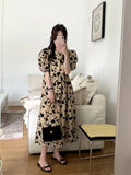 Pbong  Ele Hepburn Sle Floral Print Bubble Sve Midi Dr round Ne Godd Aosphere New Street Faion Queen Dr