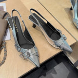 Pbong  Designer Summer High Heel Women Sandals Fashion Pointed Toe Singbacks Shoes Ladies Elegant Dancing Party Pumps