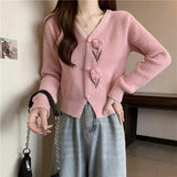 Flower Applique Knit Cardigan Autumn Winter Women Cardigan Sweater Coats Long Sleeve Crop Knitted Jackets Cute Outfit