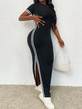 Pbong  Black Slim Fit Round-Neck Maxi Dress with White Stripe Trim and Side Slit