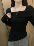 Off Shoulder Sweater Long Sleeve Ribbed Knit Sweater Fitted Pullovers Women Off-the-Shoulder Jumper Autumn Winter Outfit