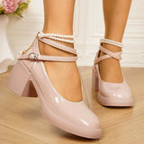 Pbong  Luxury Women High Heels Elegant Square Toe Women Mary Jane Shoes Pearl Lace Party Wedding Shoes Fashion Platform Women Pumps