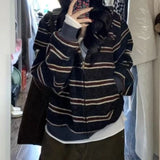 Pbong  2000S American Vintage Striped Patchwork Loose Hooded Sweatshirt Y2k Subculture Casual Zip Up Hooded Cardigan Harajuku Coats