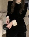 Sweet Woman Party Dresses Korean Vintage Velvet Black Dress Patchwork Robe Elegant Clothes All Match Pearl Vestidos Mujer