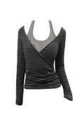 Fall Winter Women Shoujo Girl Long Sleeve Fake Two Pieces Crop Top Coquette 2000s Aesthetic Striped T-Shirt Tees Gyaru Y2k Kpop
