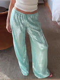 Pbong  Sequin Loose Lace Up Pants Women Casual Elastic Low Waist Wide Leg Trousers Female Summer Lady Shiny Party Club Pant New
