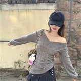 Fashion Vintage V-neck Knitted Tops Women 2025 Early Autumn New Sweaters Pullover Slim Long Sleeve Pullovers Sexy Gray Sweaters