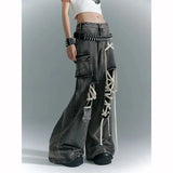 Fashion American Vinateg Hole Cross Lace Up Design Denim Pants Y2ka Esthetic High Street Baggy Wide Leg Trousers Punk Bottoms