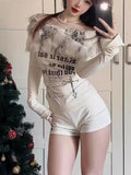 Luxury Fur Graphic Long sleeve T shirt Y2k Women Autumn Winter Off shoulder Tops 2000s Vintage Basic Blouse Tees White Shirt