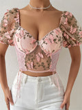 Women Vintage Blouse Butterfly Floral Mesh Puff Short Sleeve Square Neck Corset Crop Tops Summer Elegant Sexy Shirts