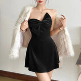 Pbong  Sexy Bow Strapless Dresses for Summer Women's Dress New SKinny High Waist Solid Fashion Slash Neck A-line Mini Dress Woman