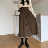 Vintage Brown Pleated Long Skirts Women Korean Fashion High Waist Chic Elegant A-line Midi Skirt for Girls Preppy Style