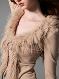 Korean Sexy Fashion Grunge Cardigan Y2k Aesthetic V-neck Jacket Women Harajuku Vintage Bandage Fur Patchwork Coat 2025 Autumn