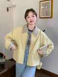 Sweet Cargo Jacket Women Loose Preppy Style Plaid Patchwork Short Coat Casual Korean Fashion Long Sleeve Fall Winter Tops
