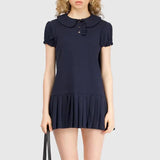 Pbong  Solid Spliced Folds Slimming Dresses for Women Lapel Short Leeve High Waist Temperament Dress Female