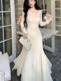Autumn New Elegant Midi Dresses For Women Lace Patchwork Flare Sleeve A-line Dress Birthday Party Dance Wedding Vestidos Mujer