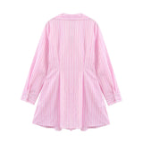 French Fashion Striped V-neck Long Sleeve Short Dress Chic Loose Single Breasted Pleat Summer Dress New Female Clothing