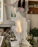 White Gauze Half Skirt Women Summer New French Vintage Cake Skirt High Waist A-line MIDI Skirt Korean Fashion Faldas