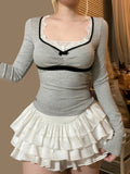 Sweet Fairycore Lace Trim Spliced Women’s Tops Long Sleeves Slim Fit Balletcore Gentle Blouses Autumn Trendy Clothes