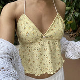 Floral Embroidered V Neck Bustier Crop Tops Y2K Backless Strappy Tie-up Halter Camis Fairy Coquette Ruffle Trim Sleeveless Vest
