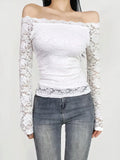 Sexy Lace Off shoulder Top Women Stretch Full Lace Lined Basic Long sleeve T-shirt Lady Slim Hollow out Mesh Blouse Feamle Tee