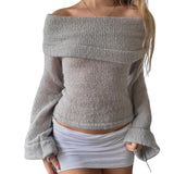 Women's Y2K Cute Off Shoulder Sweaters Chest Folding Slash Neck Flare Long Sleeve Slim Fit Knitted See-through Tops