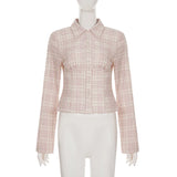Pbong  Korean Fashion Pink Plaid Slimming Blouse Women Turn-Down Collar Long Sleeve Buttons Shirts Casual Woven Top Fashion New