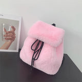 Pbong  Plush Backpack Imitation Rabbit Fur Backpack Student Girl's Large Capacity Drawstring Leopard All-Match
