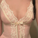 Fairy Coquette Tank Top y2k Women Lace Floral V Neck Spaghetti Strap Sleeveless Vest with Bow 2000s Aesthetic Clothing