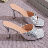 Pbong  Luxury Gold Silver High Heels Sandals Women Slip On Square Toe Summer Slippers Woman Plus Size 43 Thin Heeled Party Shoes