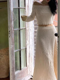 Slash Neck Long Sleeve T-shirt And Long Skirt Suit 2pcs Hollow Out Knit Vacation Women Sets 2025 Summer Spring Female Clothing