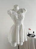 Pbong  Vintage French Style Square Neck Waist Shaping Two-Tier Puff Dress
