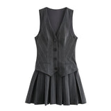 New Women Wide Pleateds Short Dresses Stripe V-Neck Sleeveless Vest Mini Dresses Ladies Fashion Office Dresses Clothes