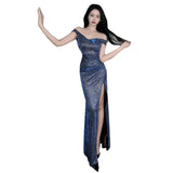 Pbong  Blue Evening Gown One Shoulder Fish Tail Dress Performance Costume Birthday Party Adult Ceremony French Slit Tail Skirt
