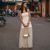 Fashion White Beige Patchwork Strapless Long Dress New Slim Pleat Women Summer Dress Vacation Beach Chic Woman Clothing
