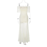 Mesh Patchwork Strapless Sexy Maxi Dress For Women Fashion Off-shoulder Backless High Waist Ruched Slim Party Dress Summer 2025