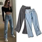 Pbong  Y2K Street Washed Asymmetric Belt Decoration Slant Pocket Wide-Leg Cotton Comfortable Versatile Work Jeans Cargo Trousers
