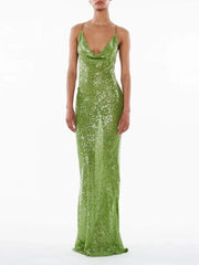 Green Sequin Glitter Backless Maxi Dress For Women Sexy Swing Collar Sleeveless Skinny Long Vestidos Elegant Night Party Robe
