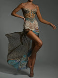 Leopard Print Lace Split Sexy Maxi Dress Women Gown Elegant Patchwork Chiffon Sleeveless Backless Beach Evening Dress