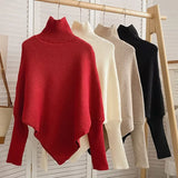 Asymmetric Knit Poncho Sweater for Women Soft Rib-knit Turtleneck Long Sleeve Pullovers Female Tops Autumn Winter Casual Outfit