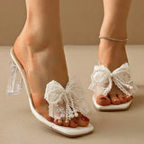 Pbong  Lace Pearl Bowknot High Heel Slippers for Women Summer Square Toe Transparent Heeled pvc Sandals Woman Fashion Party Dress Shoes