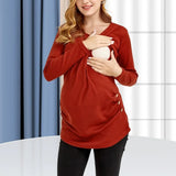 Pbong  Soft and Comfortable Breastfeeding Base for Pregnant Women Wine Red Solid Color Round Neck High-quality Long Sleeved T-shirt