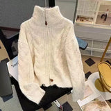 Women Autumn Winter New Lazy Style Loose Knitted Cardigan Retro Solid Color Double Zipper Turn-down Collar Sweater New Women Top