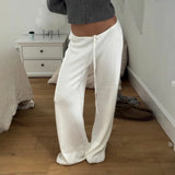 Pbong  Basic Solid Low-Waisted Ribbed Knitted Pants Casual Loose Drawstring Wide Leg Pants Soft Comfy Lounge Wear Trousers Streetwear