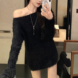 Fuzzy Knit Sweater for Women Soft Fluffy Boat Neck Tunic Tops Fitted Rib-knit Plain Jumper Female Autumn Winter Basic Outfit