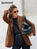 Women Fashion Brown Suede Coat Casual Lapel Long Sleeve Button With Pocket Jacket Lady Autumn Warm High Street Outerwear